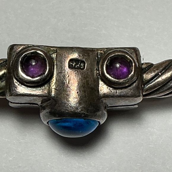 Sterling Silver Open Cable Cuff Bracelet with Blue Topaz Stones. 2 3/8” across - Picture 6 of 7